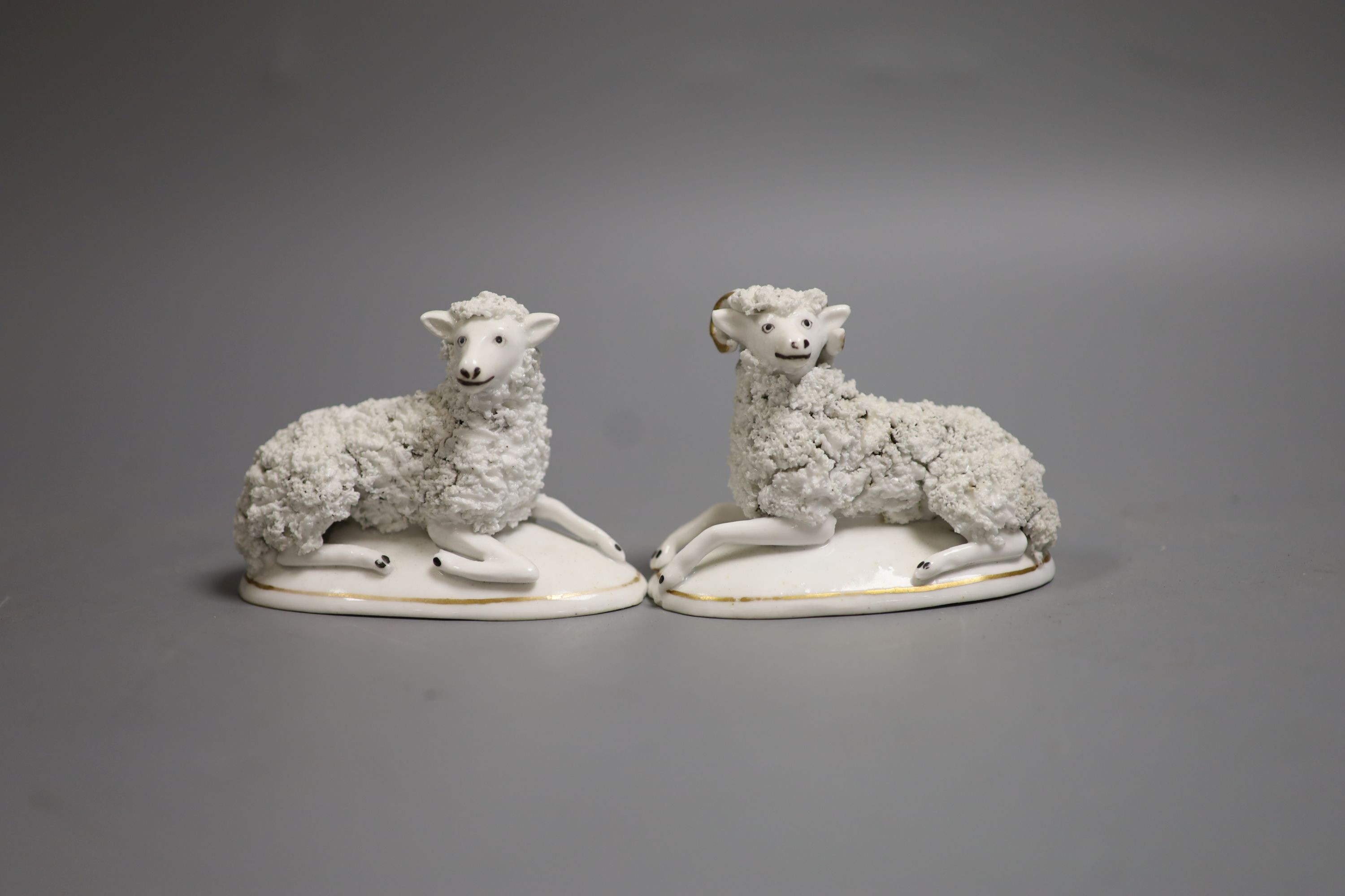 A pair of Staffordshire porcelain models of a recumbent ram and ewe, c.1830-50, 9.6 cm - 9.9 cm long